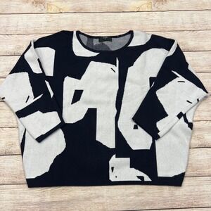 TAHARI Women Black White Abstract Print‎ Crew Neck Sweater Top Size Small